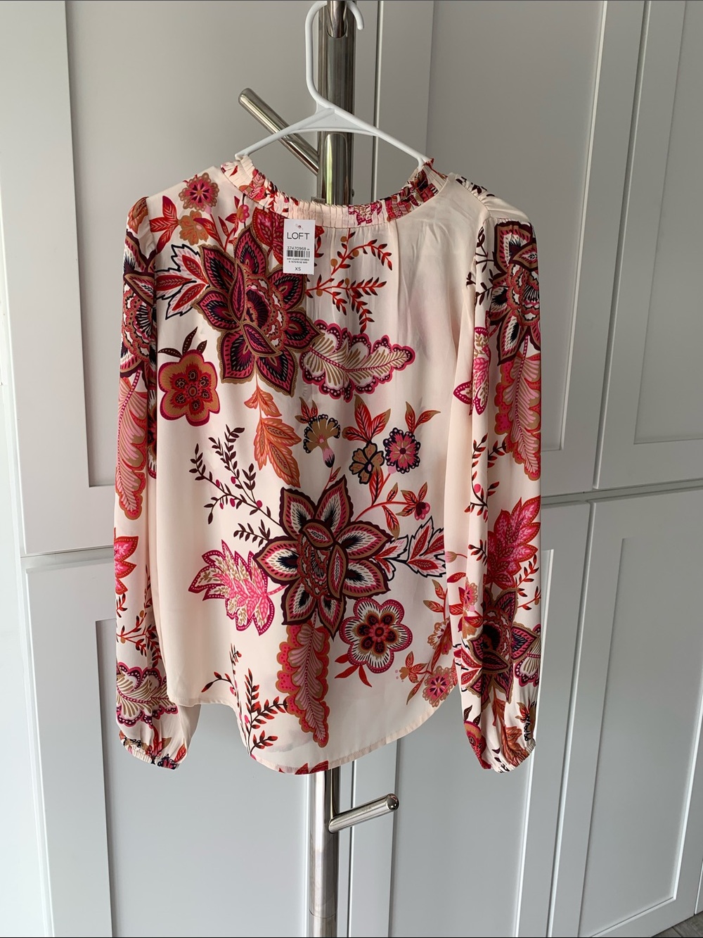 LOFT Cream Blouse with Pink & Red Floral Print, Size XS.